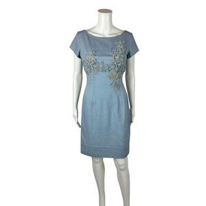 Vintage 50s Cocktail Dress Womens Extra Small Baby Blue Floral Applique Illusion